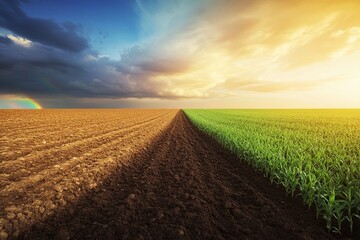A detailed close-up illustration of dry, cracked soil transforming as rain rejuvenates the ground. Water droplets hit the surface, and tiny green sprouts emerge, symbolizing new life.

