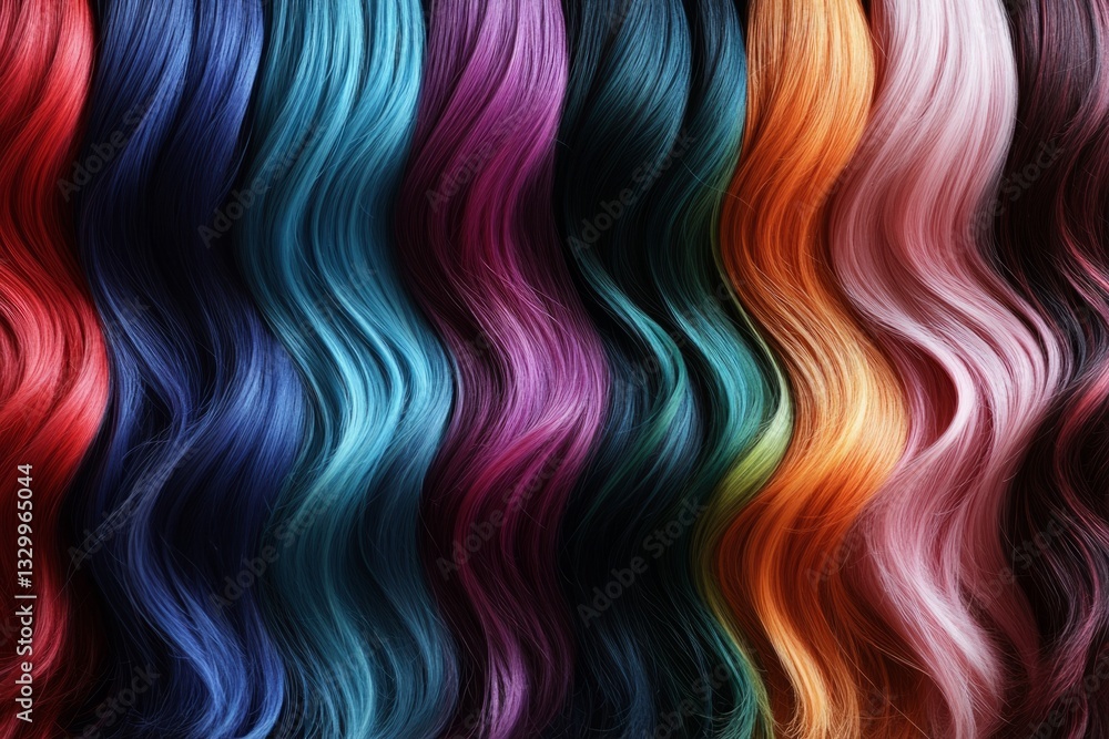 Poster multicolored hair strands flowing and creating a wavy pattern, showcasing a vibrant spectrum of colo