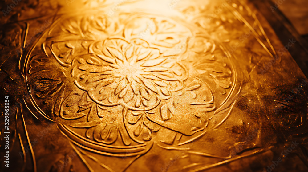 Poster elegant gold plate featuring intricate flower design on a textured surface with point-based motifs i