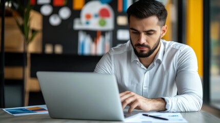 Focused Man Working on Laptop in Modern Office