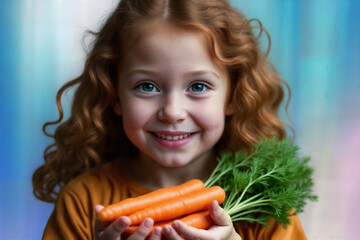 Smiling red-haired kid girl holds in her hands bundle of fresh carrots with green leaves.