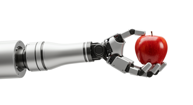 Robotic hand holds red apple presenting artificial intelligence and technology concept. Robot arm gently holding fresh apple showcasing future of automation and human-machine interaction