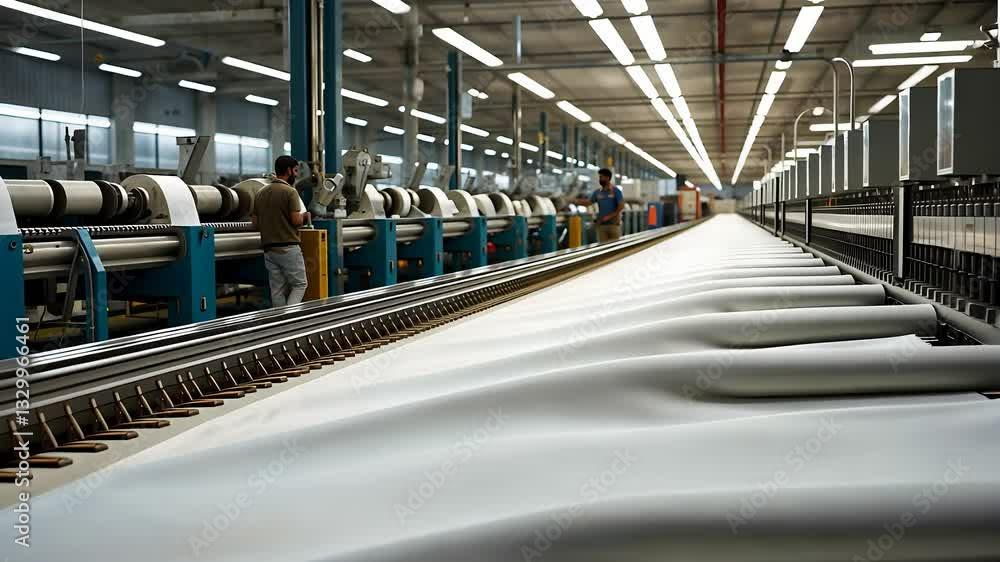Poster textile manufacturing factory with automated weaving machines producing white fabric on a high-tech 