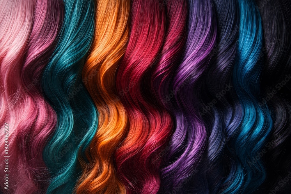 Poster wavy colorful hair extensions creating a gradient showing a wide range of bright colors