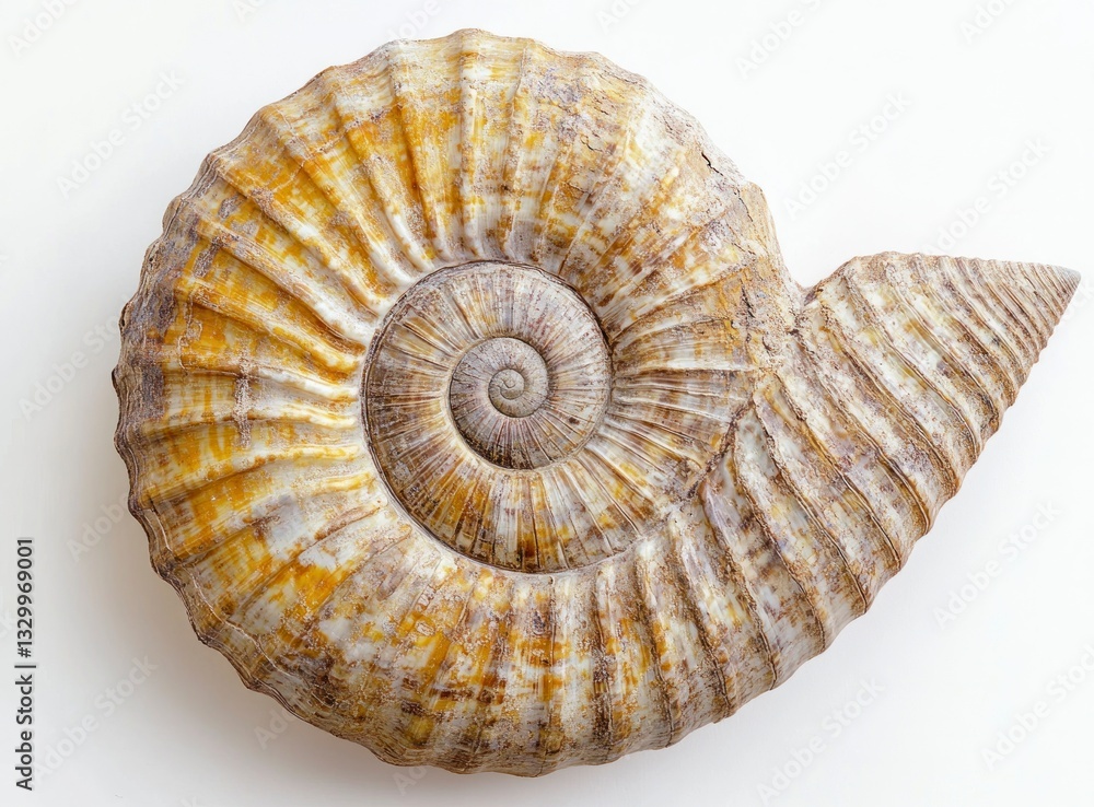 Poster isolated ammonite fossil exhibiting intricate spiral pattern on a plain backdrop