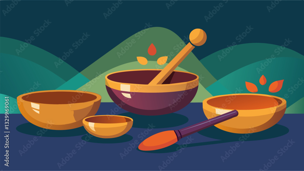 Poster a set of tibetan singing bowls and a mallet adding a unique and meditative element to the corner.. v