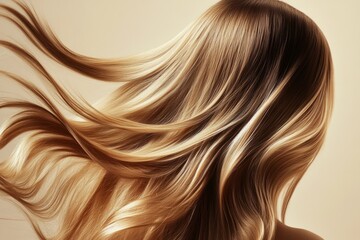 Fototapeta premium Long blond hair flowing in the wind: back view of a woman with healthy, shiny hair