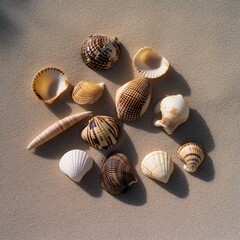 Seashells on Sand: A collection of seashells in varying shapes and sizes.