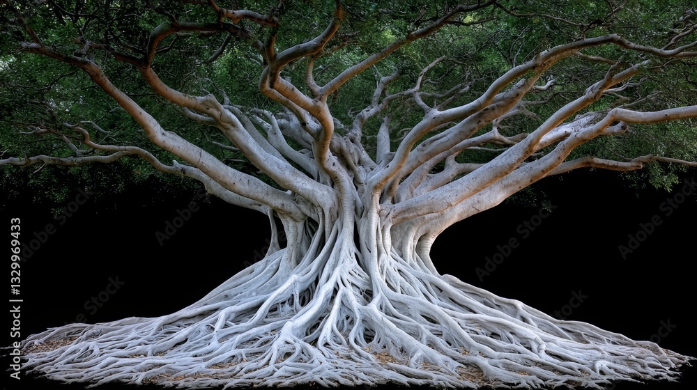 Poster large tree with white roots and green leaves. the tree is very tall and has a lot of branches