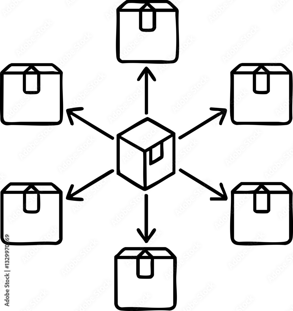 Poster a central box connected to six surrounding boxes, suggesting a distribution or networking concept in