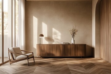 Modern living room with wooden sideboard, armchair, and herringbone floor.