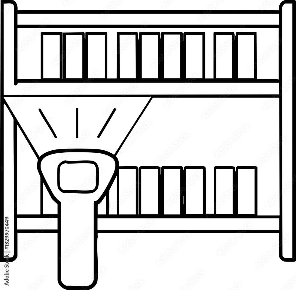 Poster a simple illustration of a scanner illuminating a shelf filled with books or items, suggesting inven