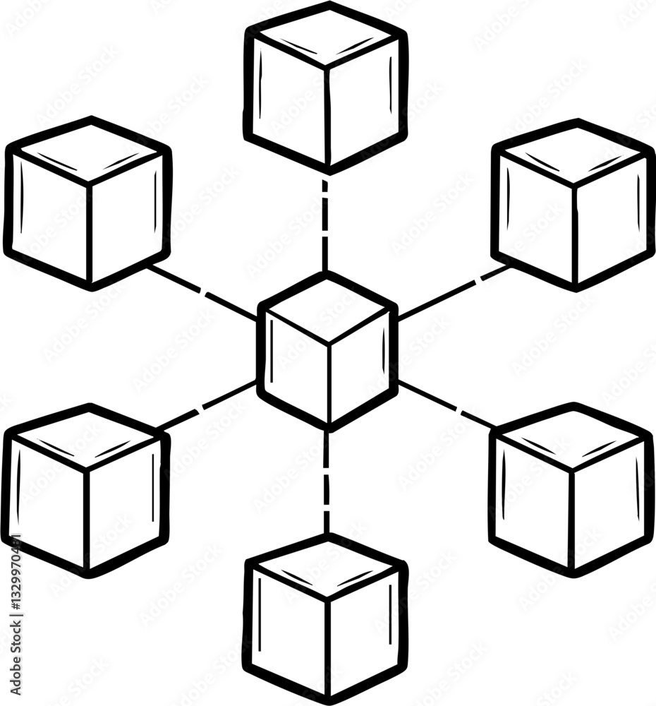Poster a central cube connected to six surrounding cubes, illustrating a network or interconnected system.