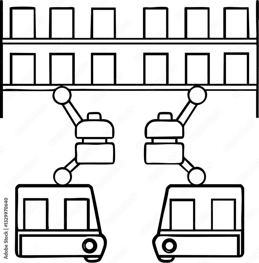 Poster a minimalist illustration of robotic arms operating a system with boxes on a shelf and connected tra