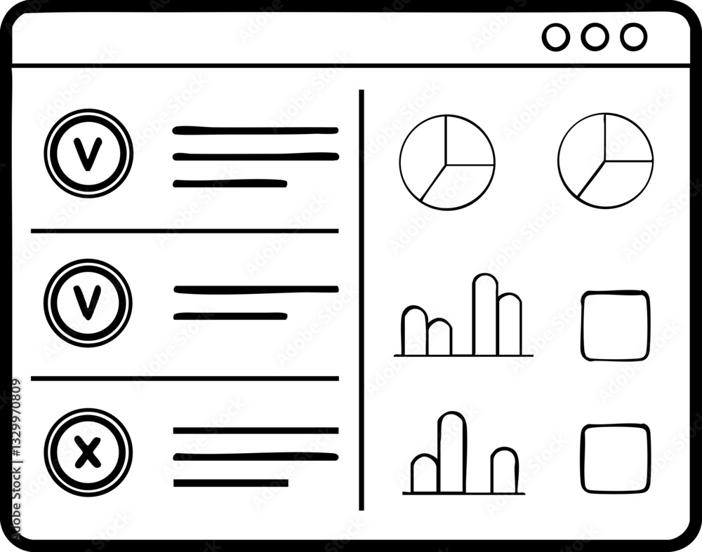 Poster a simple line drawing of a web interface showcasing charts, lists, and indicators, suggesting data a