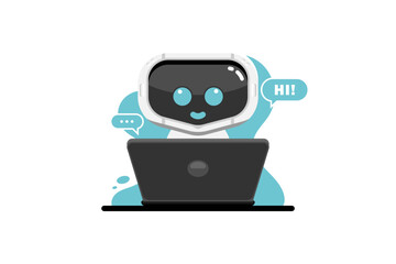 Smiling robot chat cartoon with laptop on isolated background, Vector illustration.