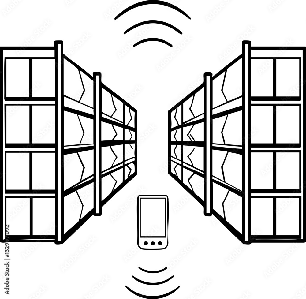 Poster a minimalist illustration depicting two rows of shelves with a mobile device between them, symbolizi