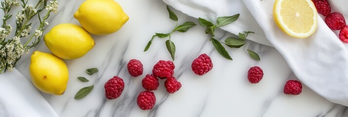 Lemons, Raspberries, and Mint on Marble: A Summery Still Life