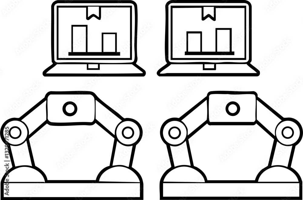 Poster a simple illustration depicting a computer screen displaying charts alongside robotic arms, symboliz