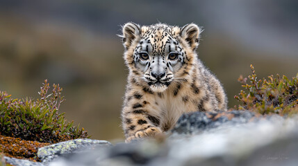 Snow leopard cub exploring rocky terrain in a mountainous habitat