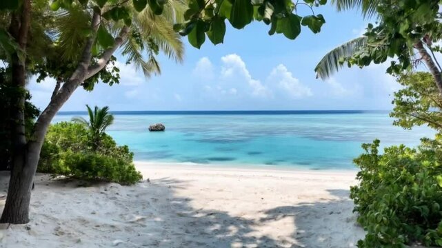 Swing on tropical beach with azure sea & sky, vacation rental ad backdrop