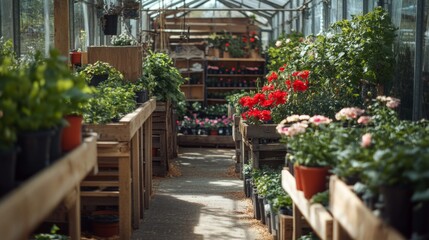 A vibrant greenhouse showcasing various plants and flowers. The sunlight filters through the glass. A perfect space for gardening enthusiasts and nature lovers. Generative AI