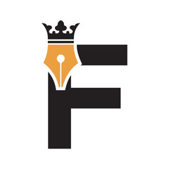 Crown Pen Logo combine with letter F
 vector template