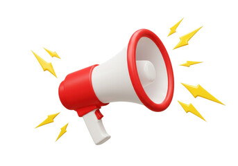 3D render of a red and white megaphone with yellow lightning bolts, designed to grab attention in a bold marketing announcement