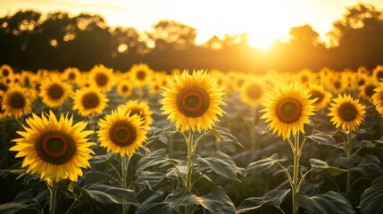 A vibrant field of sunflowers stretches towards the sun. Each flower stands tall and radiant, symbolizing warmth and positivity. Nature invites beauty. Generative AI