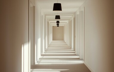 Empty White Hotel Corridor with Black Hanging Lights and Sunlight