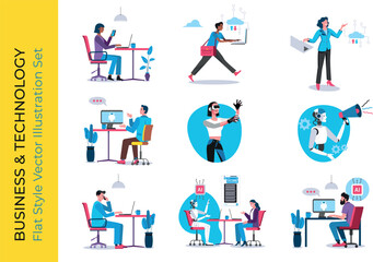 Business and Technology Flat Style Vector Illustration Set. Businesspeople working, using cloud computing, virtual reality, artificial intelligence and robots. 