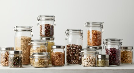 Variety of Grains and Seeds Stored in Glass Jars on Display
