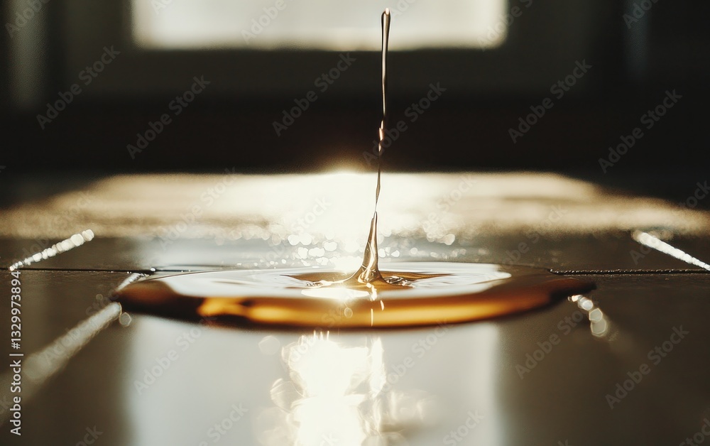 Poster golden liquid drop splashing on reflective surface with backlit window