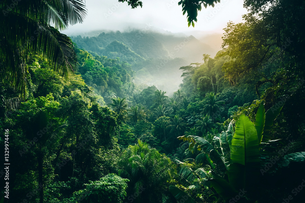 Poster a beautiful tropical island with palm trees surrounded by mountains generative ai image