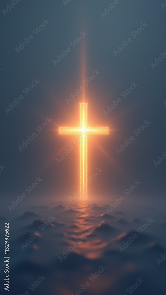 Poster an artistic digital rendering with a cross surrounded by light on one side, and an open water surfac