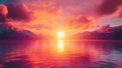 Majestic sunset illuminating snowy mountains and calm lake