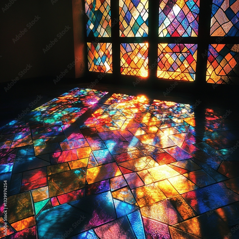 Poster an intricate stained glass window featuring a detailed floral design crafted from colorful tiles. th