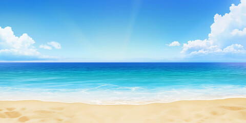 tropical beach with blue sky. A summer background featuring sunshine, blue skies, white clouds, and a sandy beach. 