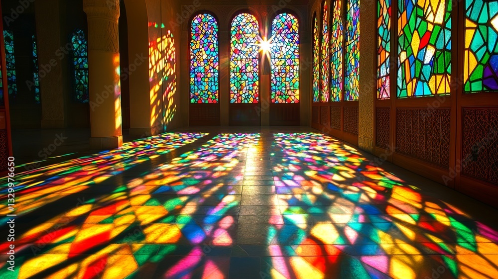 Poster an intricate stained glass window featuring a detailed floral design crafted from colorful tiles. th