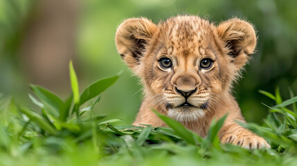 Curious lion cub rests among the greenery in the wild