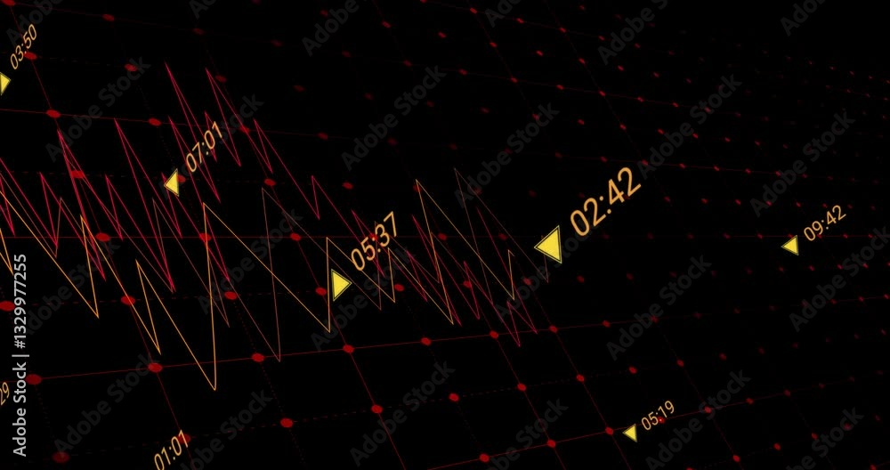 Poster Animation of fluctuating financial graph lines with time markers on dark grid