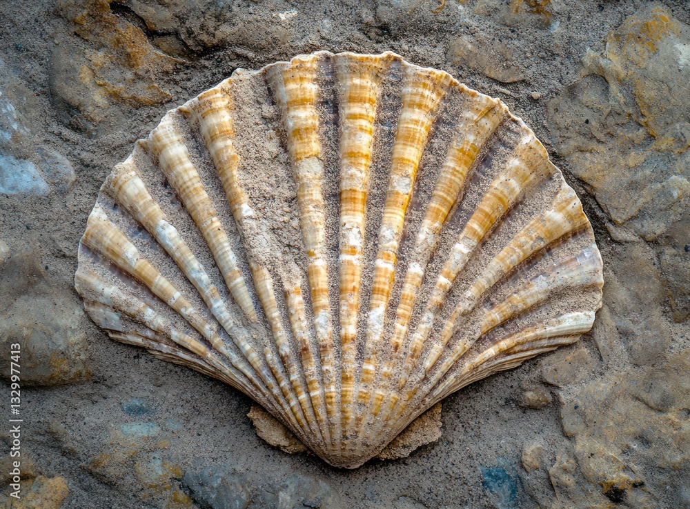 Poster large shell fossil imbedded in rock formation detailed macro image