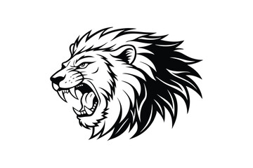 A black and white vector art illustration of a roaring lion head.eps