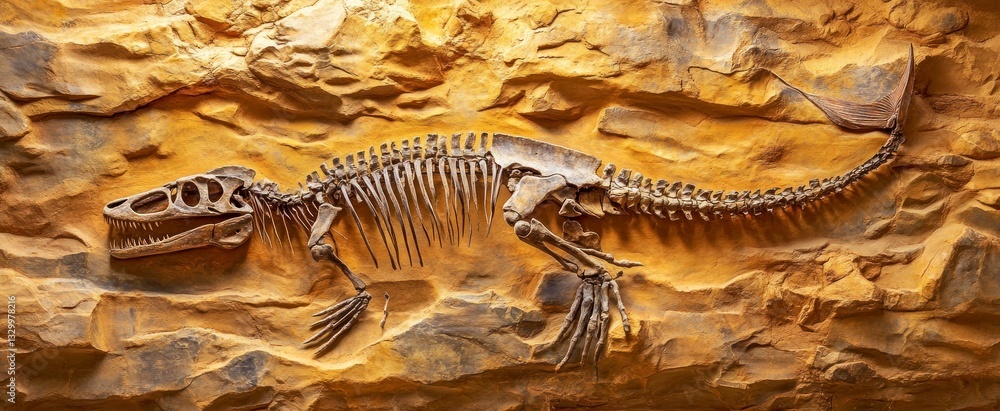 Poster dinosaur skeleton fossil displayed on textured rock surface exhibit