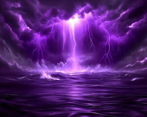 Stormy Sea with purple lightning strike background