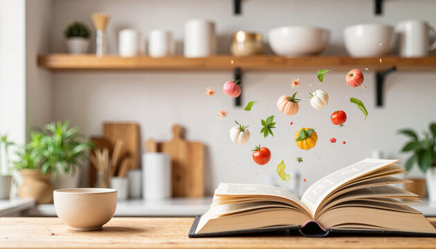 Colorful vegetables floating from an open cookbook in a kitchen, culinary magic
