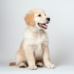 Adorable Golden Retriever Puppy Sitting on Light Background with Playful Expression