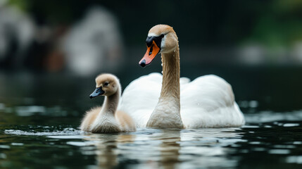 Mother swan swimming with her adorable cygnet in serene lake setting