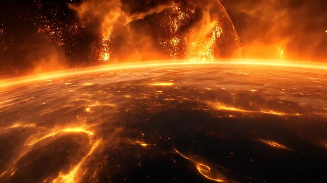 Hitze&uuml;berflutete Erdoberfl&auml;che mit gl&uuml;hendem Sonnenaufgang