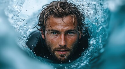 Man in ocean, surfing, water sport, close up